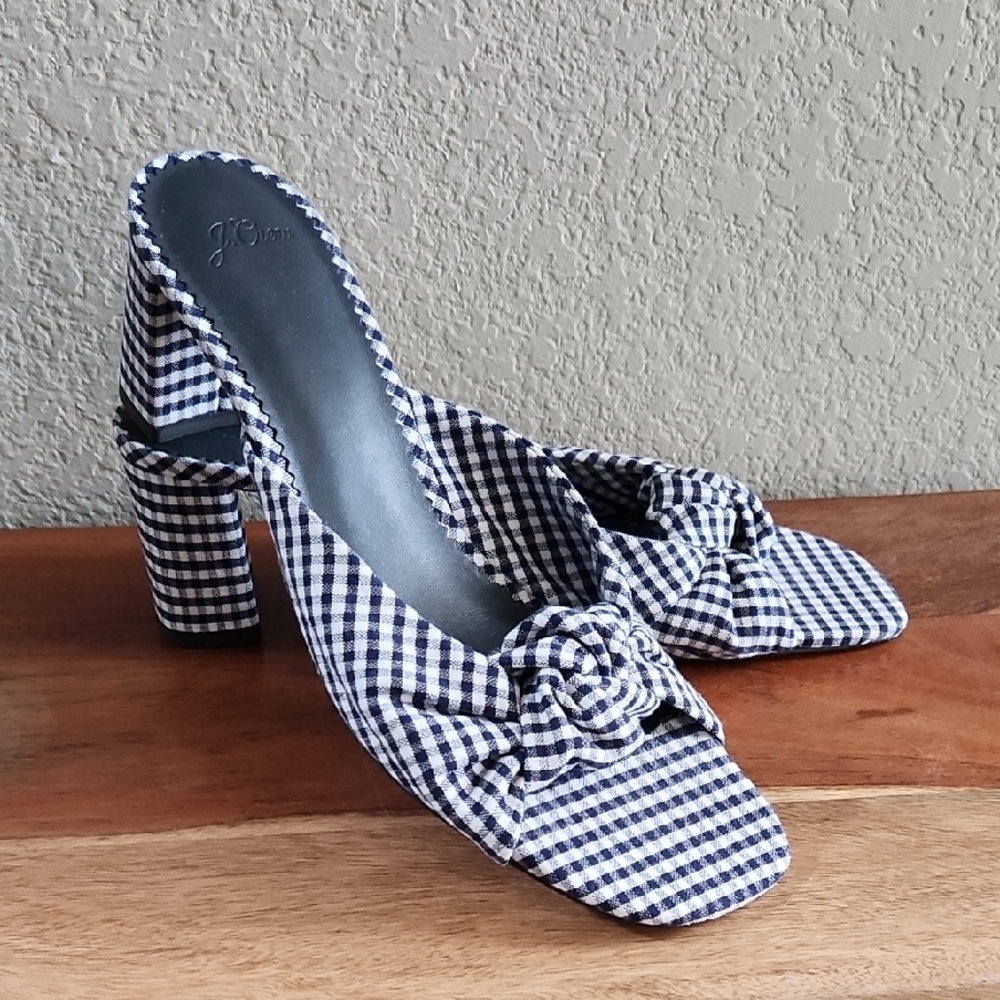 J. Crew Women's Navy and White Gingham Block Heel Mules